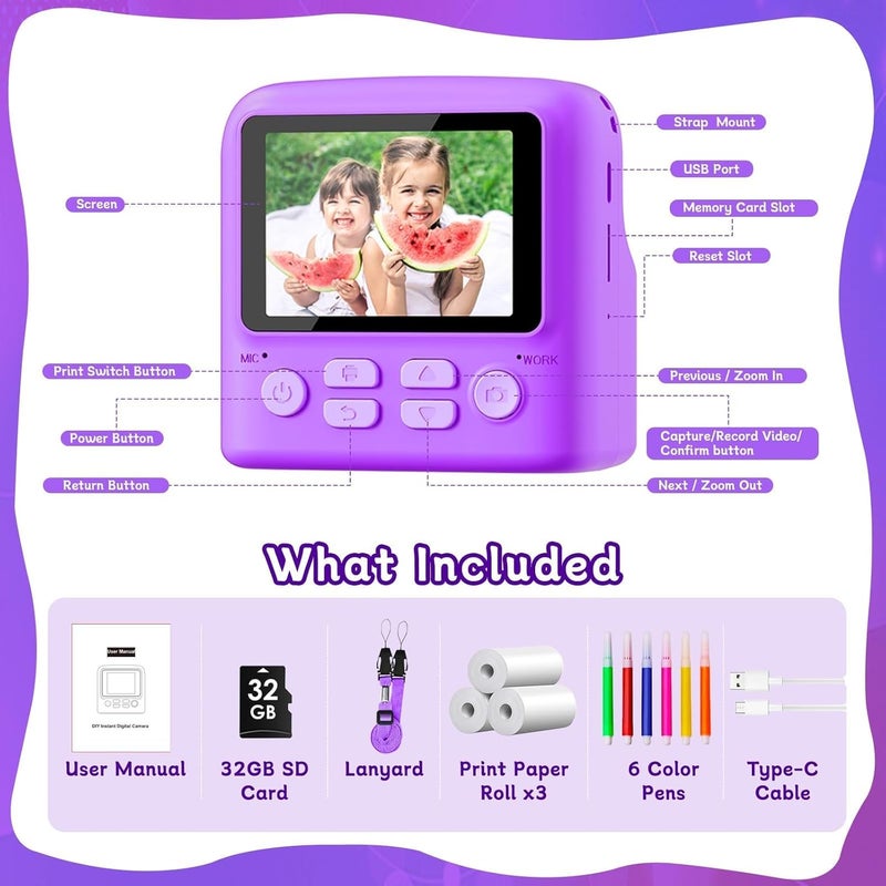 MindPal Kids Camera Instant Print, 1080P HD Digital Cameras for Boys and Girls with 32G Card & 200+ Photo Papers, Toy for Girls Age 3-16, 3 4 5 6 7 8 9 10 Year Old Toddler and Teenagers Purple - Image 2